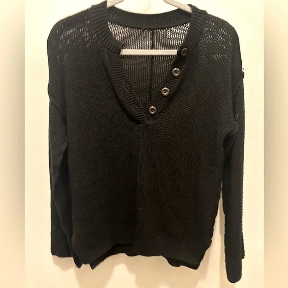 NEW Cable Knit Long Sleeve Button V Neck Pullover Henley Sweater Top Black - Picture 5 of 9